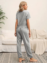 Solid Lounge Set Short Sleeve Crew Neck Top & Lace Up Pants