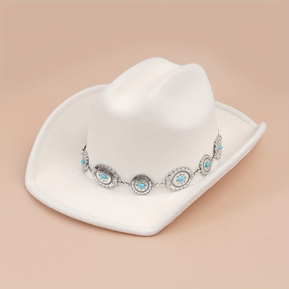 Turquoise Chain Decor Fedora Cap Solid Boho Jazz Hat Unisex Cowgirl Felt Hat
