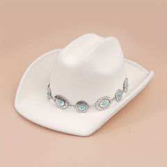 Turquoise Chain Decor Fedora Cap Solid Boho Jazz Hat Unisex Cowgirl Felt Hat