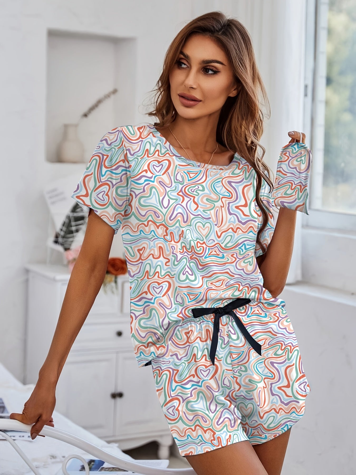 Geometric Print Pajama Set Short Sleeve Crew Neck Top & Elastic Waistband Shorts