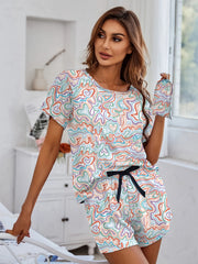 Geometric Print Pajama Set Short Sleeve Crew Neck Top & Elastic Waistband Shorts