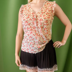 Floral Print Ruffle Trim V Neck Blouse