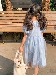 Girl's Plaid Bubble Sleeve Princess Dress for Summer Party