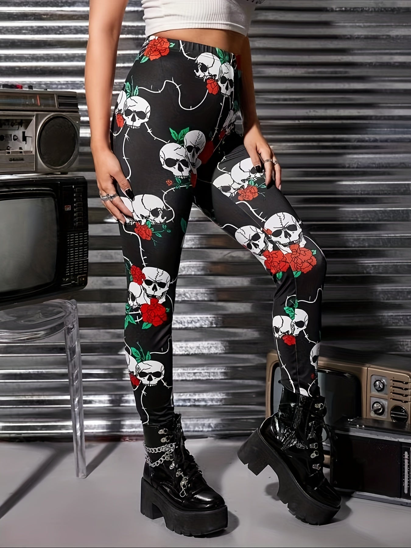 Rose & Skull Print High Waist Yoga Pants