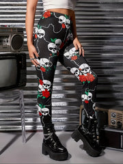 Rose & Skull Print High Waist Yoga Pants