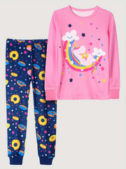 Girls Cartoon Graphic Pajamas Set Long Sleeve Tee and Pants Set
