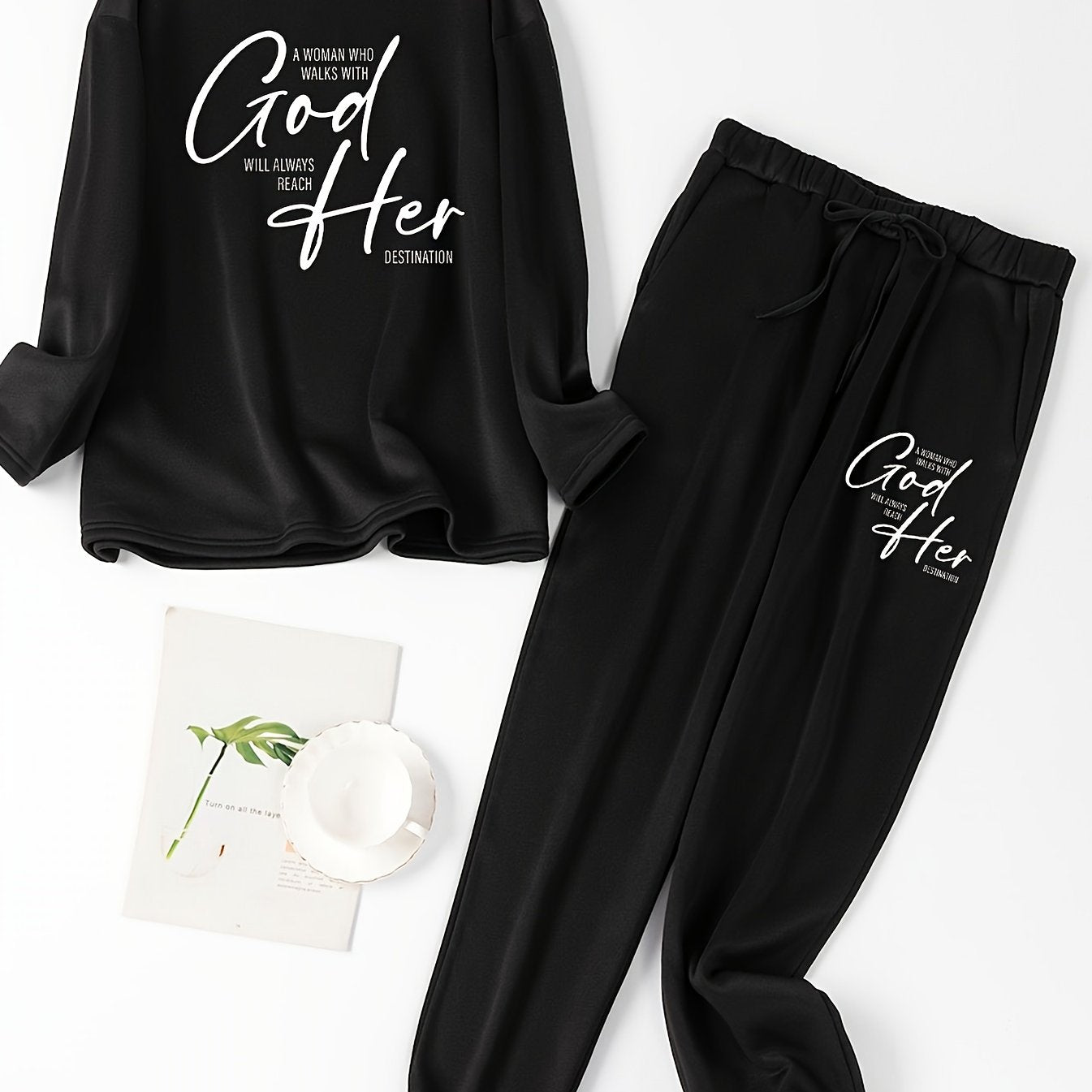 Lounge Set Women's Slogan Print Fleece Tee & Joggers Pajamas