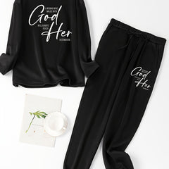 Lounge Set Women's Slogan Print Fleece Tee & Joggers Pajamas