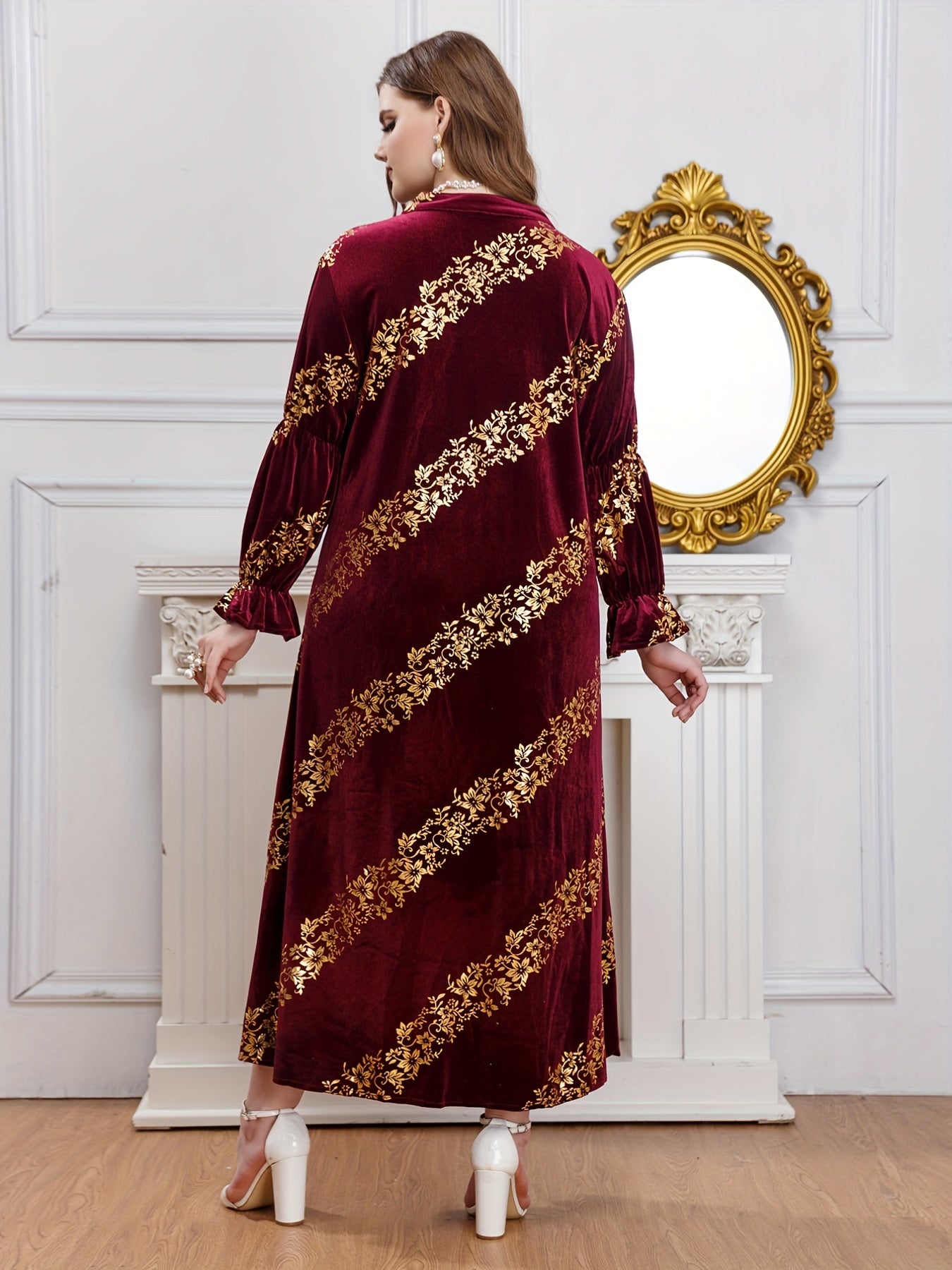 Golden Floral Print Flounce Sleeve Abaya Dress