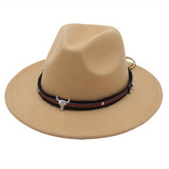 Men's Cowboy Hat Cow Head Top Hat Belt Buckle Jazz Hat Felt Fedora Hat