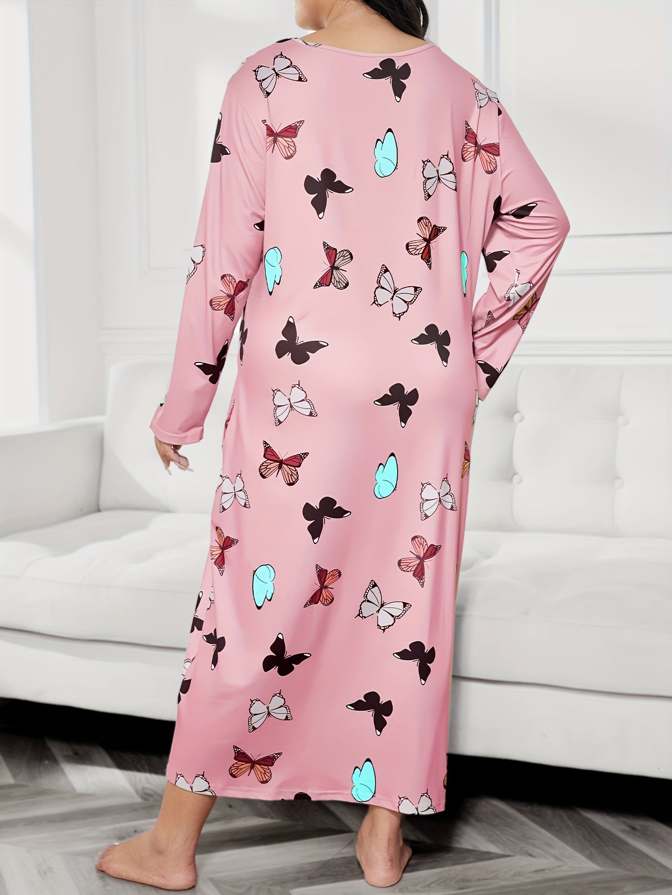 Casual Nightdress Women's Plus Butterfly Print Long Sleeve Tee