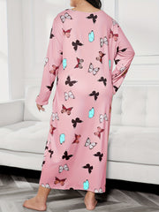 Casual Nightdress Women's Plus Butterfly Print Long Sleeve Tee