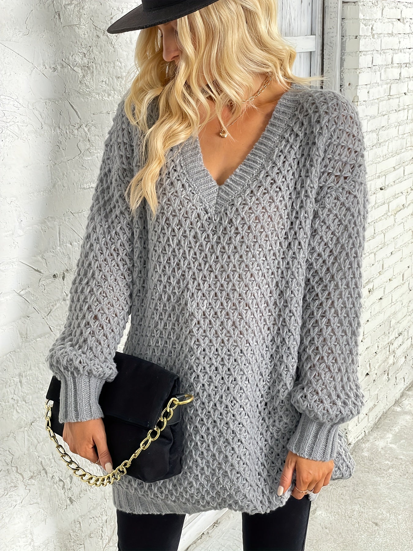 Solid Knit Sweater V Neck Long Sleeve Solid Sweater Women's Clothing