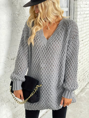 Solid Knit Sweater V Neck Long Sleeve Solid Sweater Women's Clothing