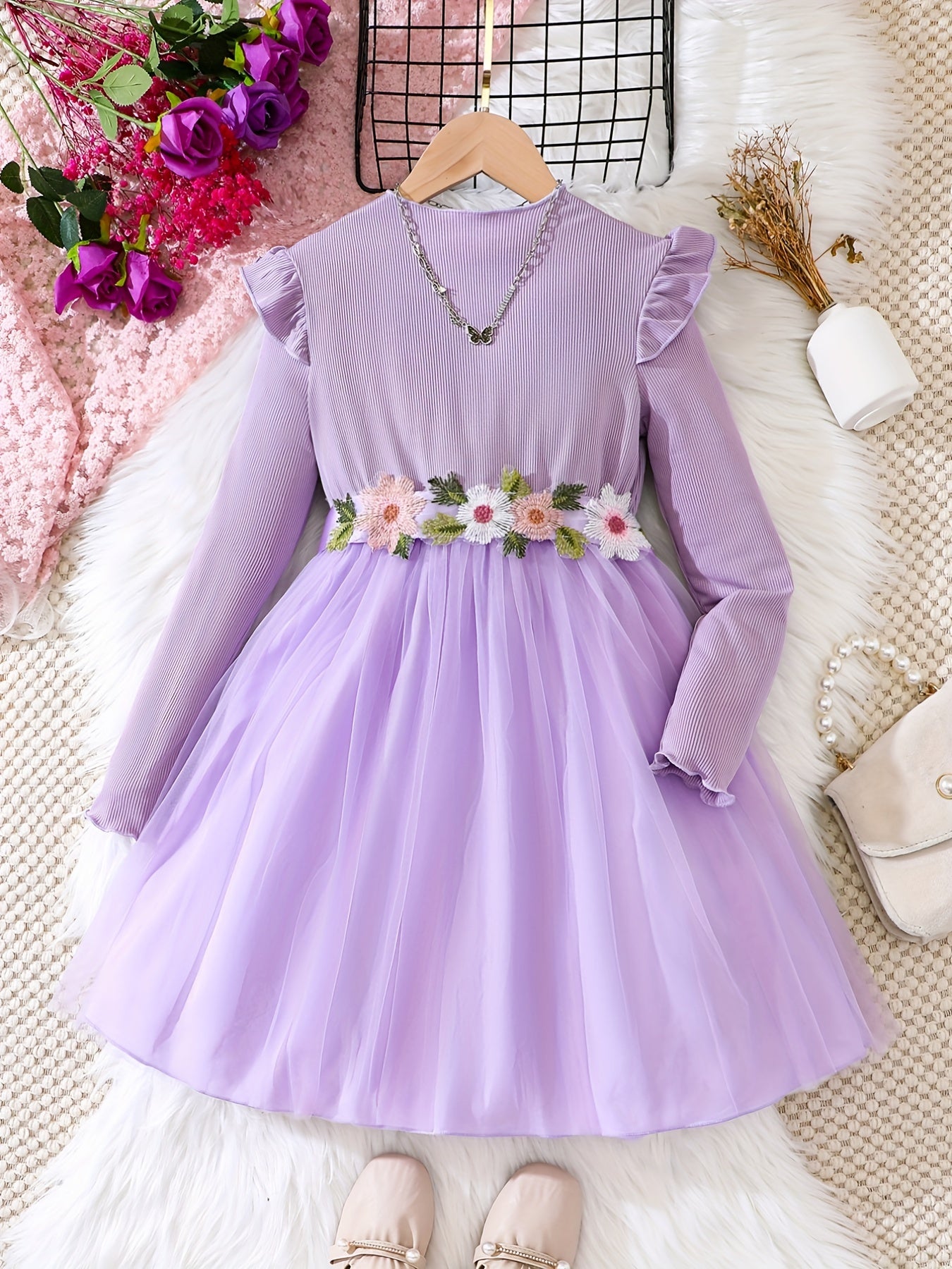 Kid Girls' Floral Embroidery Long Sleeve Dress For Party