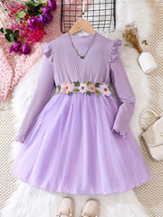 Kid Girls' Floral Embroidery Long Sleeve Dress For Party