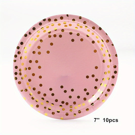 Pink & Gold Party Supplies - 17 Plates, Napkins, Knives, Spoons, Forks