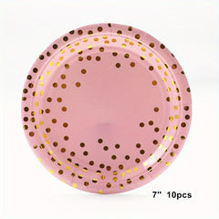 Pink & Gold Party Supplies - 17 Plates, Napkins, Knives, Spoons, Forks