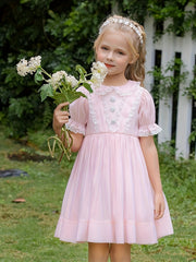Girls' Lace Trims Collared Short Sleeve Princess Dress