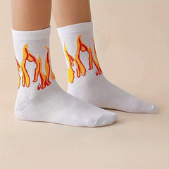 Flame Print Mid Tube Socks for Sports Skateboard Women