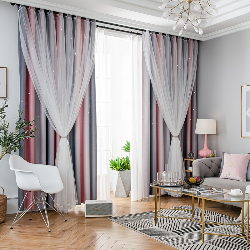 Romantic Double Striped Curtains Glow In Dark Stars for Living Room Bedroom