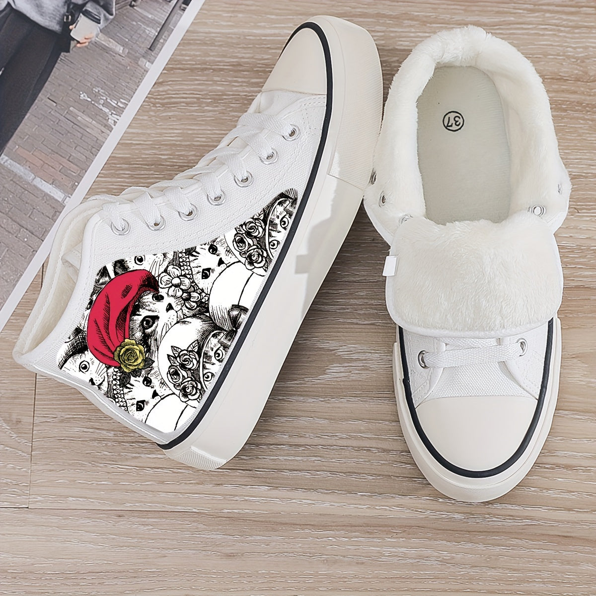 Cat Print Plush Lined Chunky Canvas Sneakers