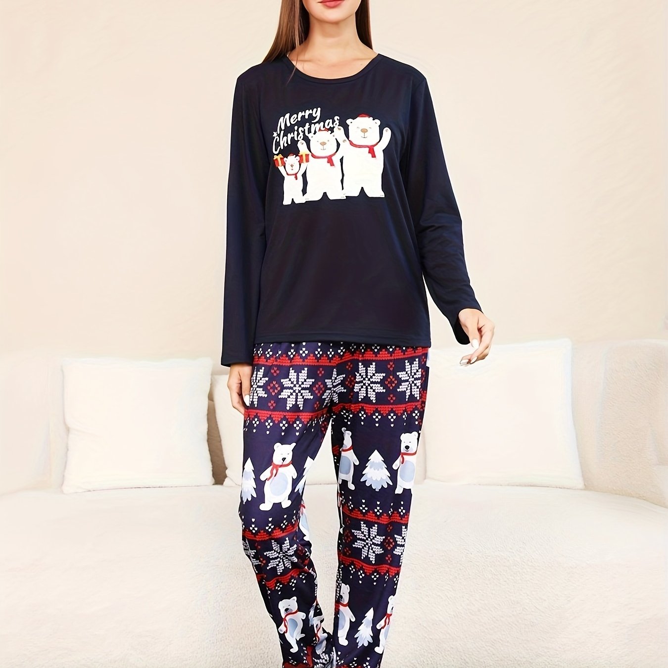 Bear Print Pajama Set Christmas Long Sleeve Top & Pants