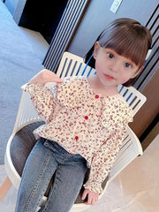 Kid Teen Girls Ruffles Floral Shirt & Button Down Collared Blouse