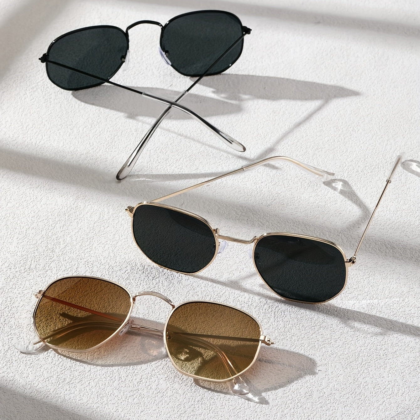 3pcs Metal Square Frame Sunglasses with Zipper Case