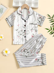 Girls Plant Floral Pattern Lapel Neck Pajama Set