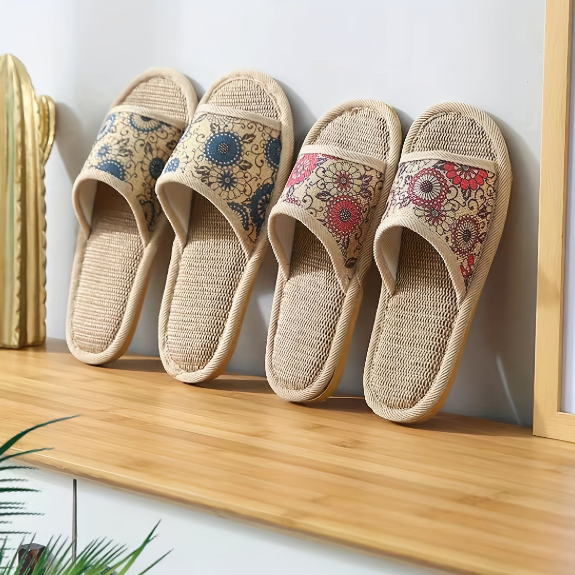 Women's Floral Linen Slides Open Toe Rattan Flat Shoes