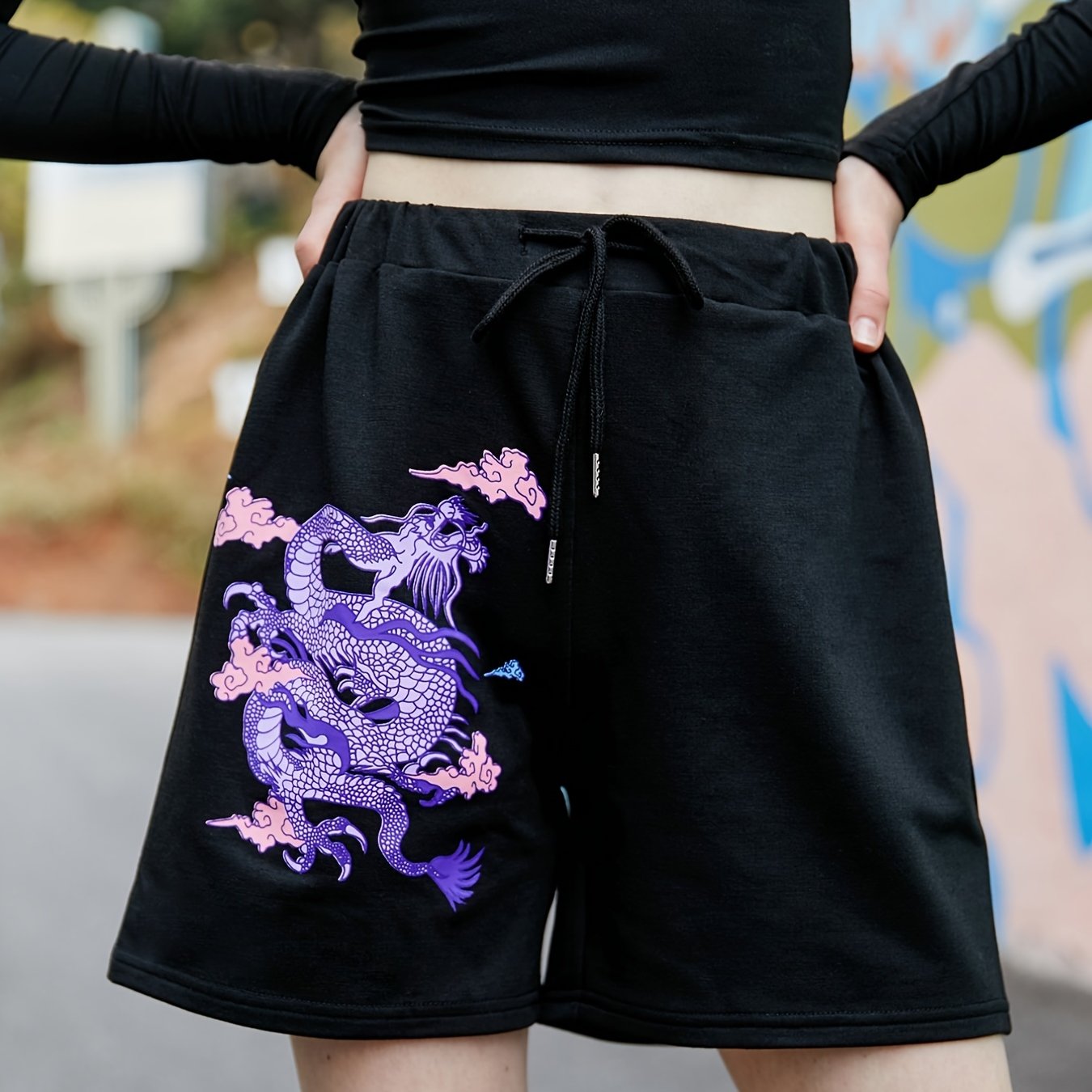 Chinese Dragon Print Drawstring Shorts for Women