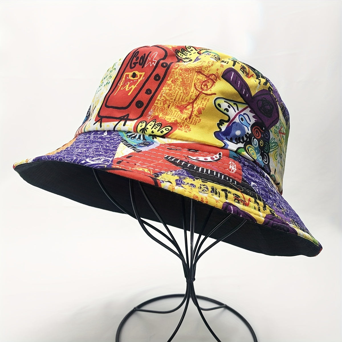 Vintage Graffiti Print Bucket Hat Hip Hop Casual Fisherman Cap