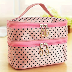 Double Layer Makeup Case Travel Toiletry Pouch Bag Pink Polka Dot