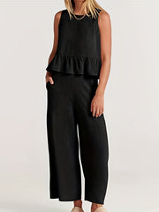 Solid Casual Two piece Set Crew Neck Buttons Tank Top & Wide Leg Pants