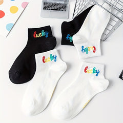 5 Pairs Letter Print Soft Short Socks Women's Stockings & Hosiery