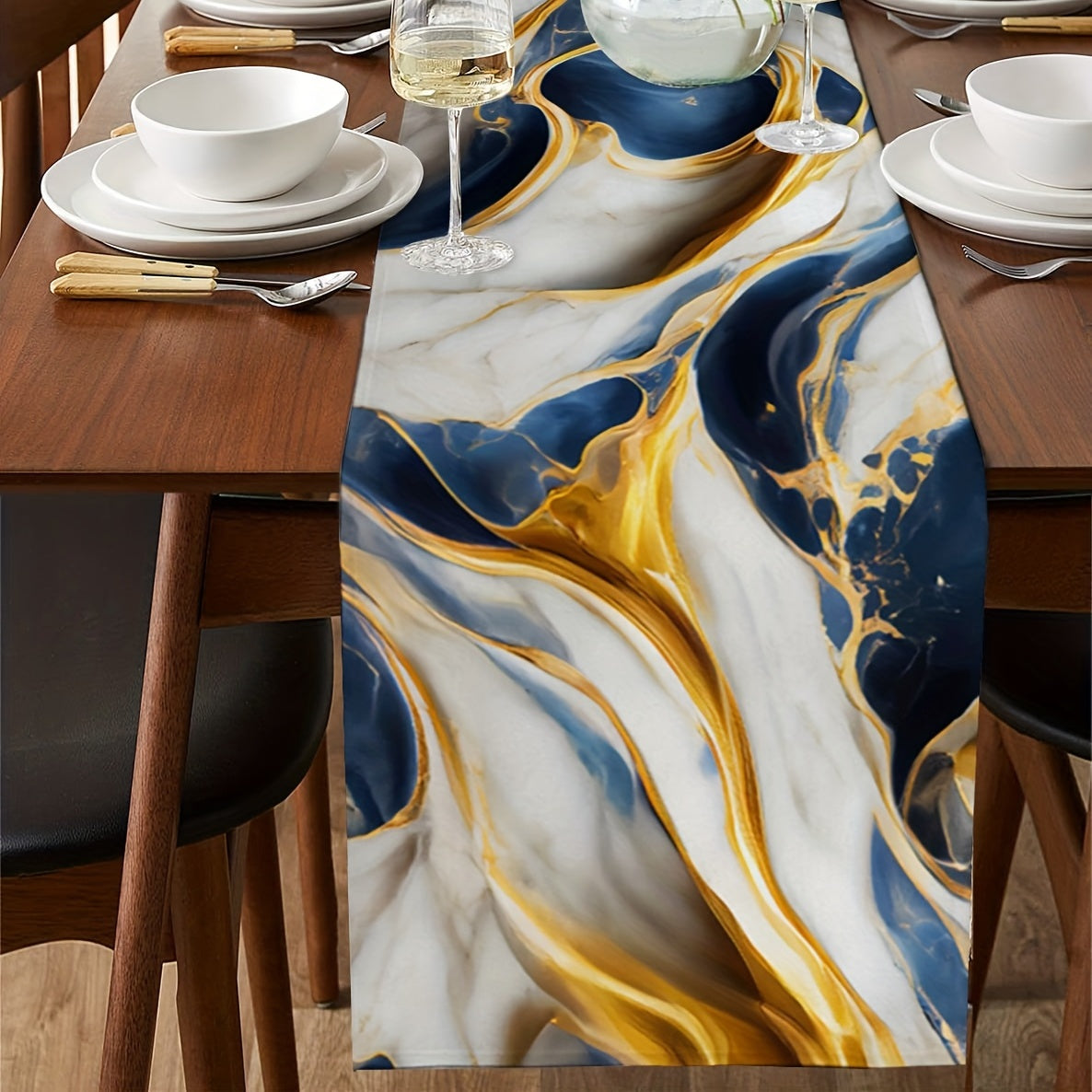 Marble Golden Abstract Art Table Runner 13x72 Inch
