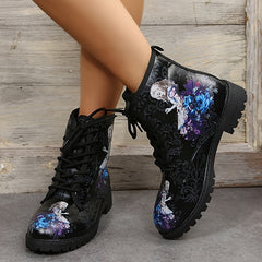 Women's Gothic Ankle Combat Boots Round Toe Lace Up Chunky Heel Short Boots