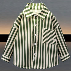 Boys Striped Button Down Shirt Long Sleeve Pocket Top Spring Summer Wear