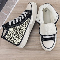 Skull Print Plush Lined Thermal Chunky Canvas High Top Sneakers