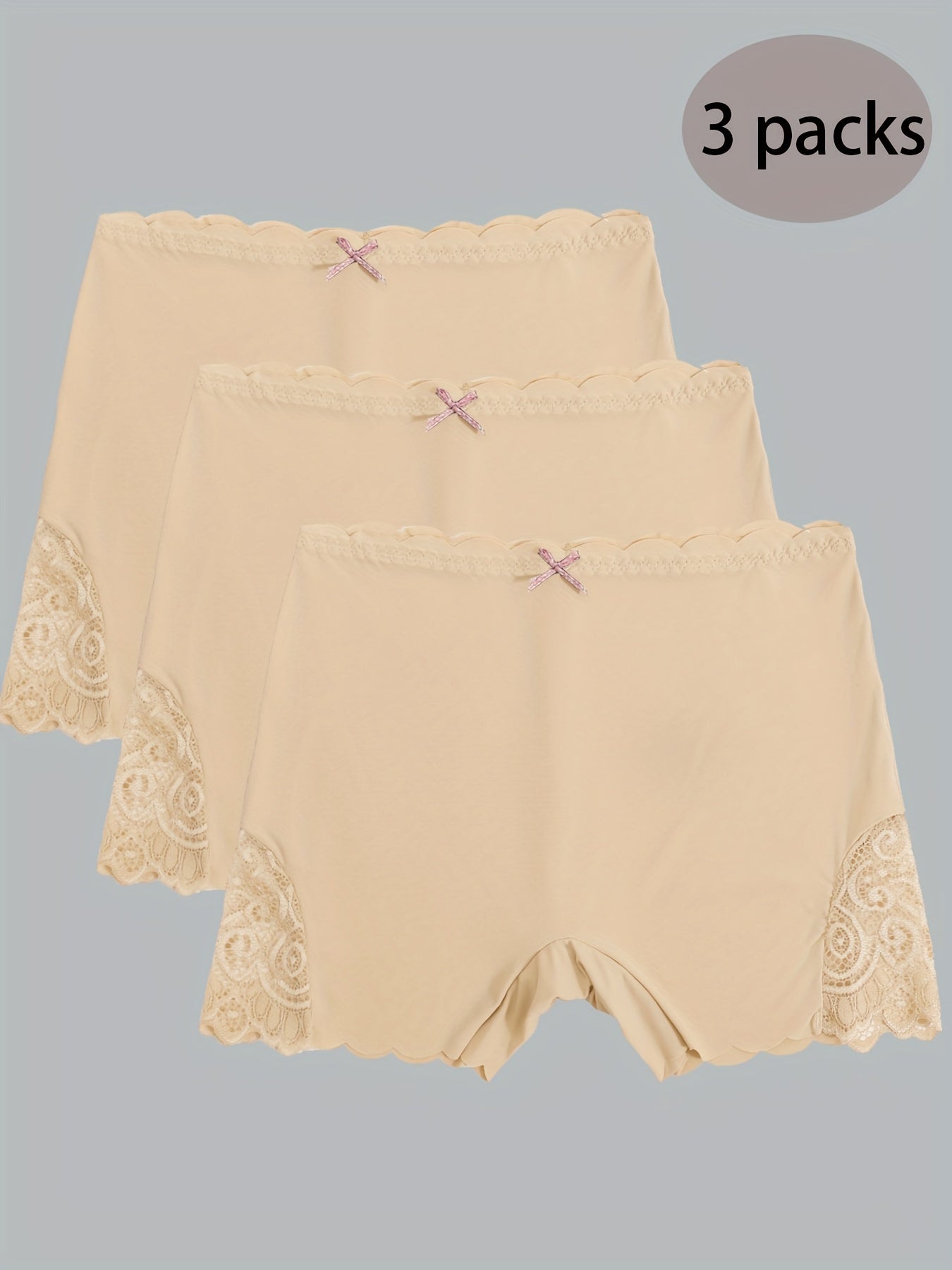3pcs Lace Boyshort Panties Seamless Scallop Trim Bow Tie Women's Lingerie