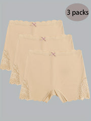 3pcs Lace Boyshort Panties Seamless Scallop Trim Bow Tie Women's Lingerie