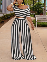 Striped Two Piece Set Short Sleeve Crop Top & Wide Leg Pants Women's Outfit