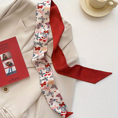Red Floral Print Skinny Scarf Silk Block Ribbon Necktie Neckerchief
