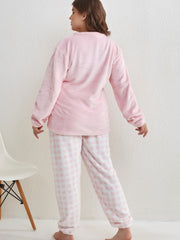 Gingham Flannel Pajama Set Women's Round Neck Sleepwear