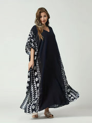 Boho Loose Fit Kaftan V Neck Geometric Print Cover Up Dress