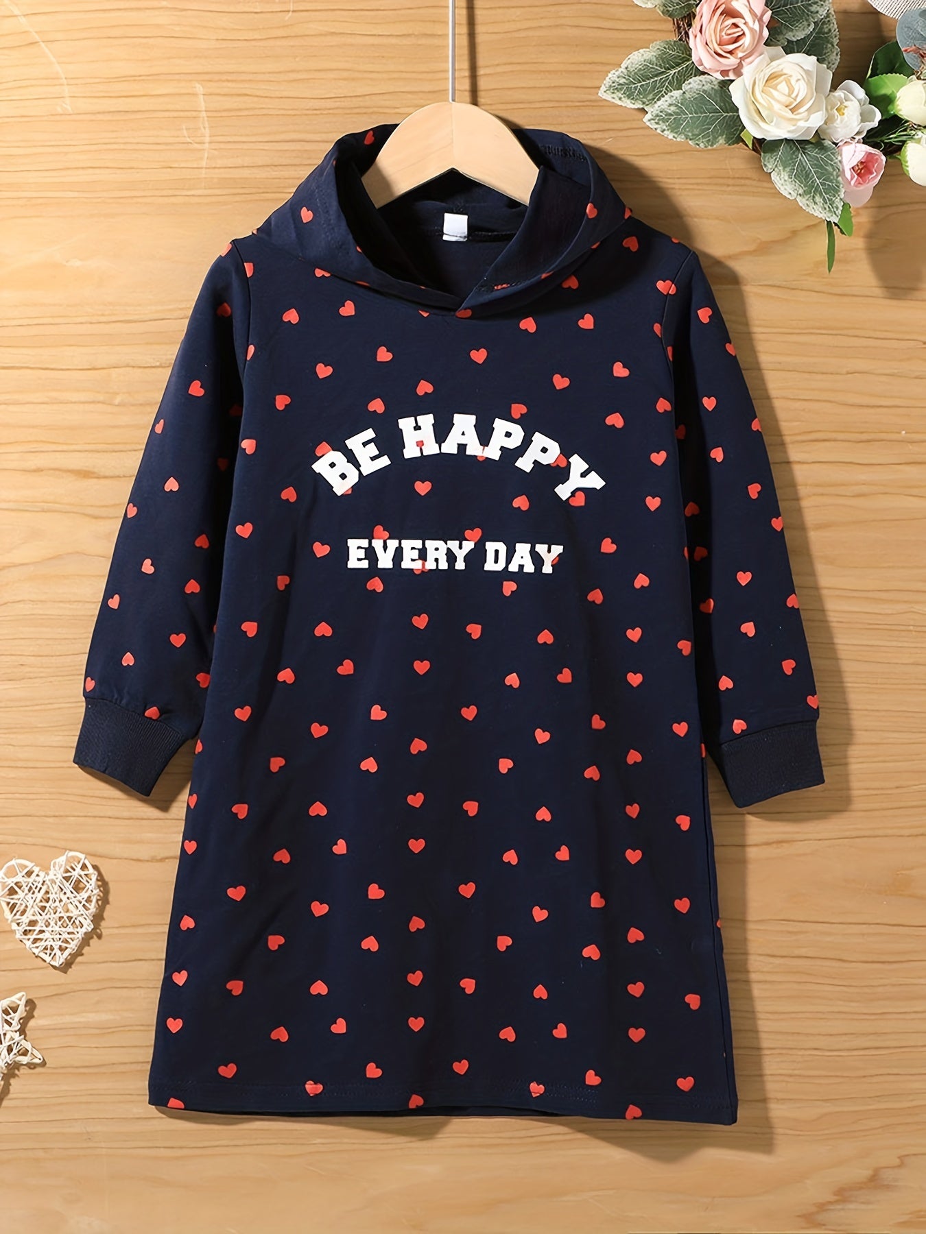 Girls Hearts Hooded Pullover Dress for Spring and Autumn