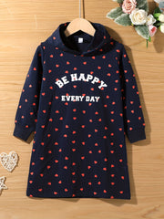 Girls Hearts Hooded Pullover Dress for Spring and Autumn