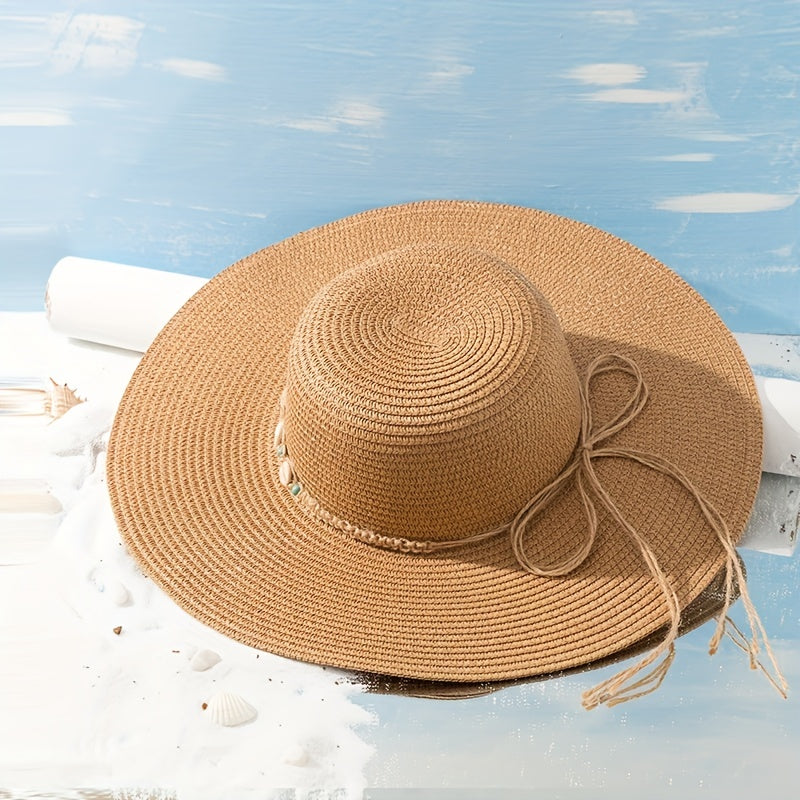 Wide Brim Sun Hat Solid UV Protection Outdoor Straw Hats Resin Shell Decor