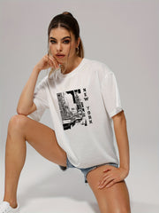 Retro Letter Print Pullover Tee Short Sleeve Shirt